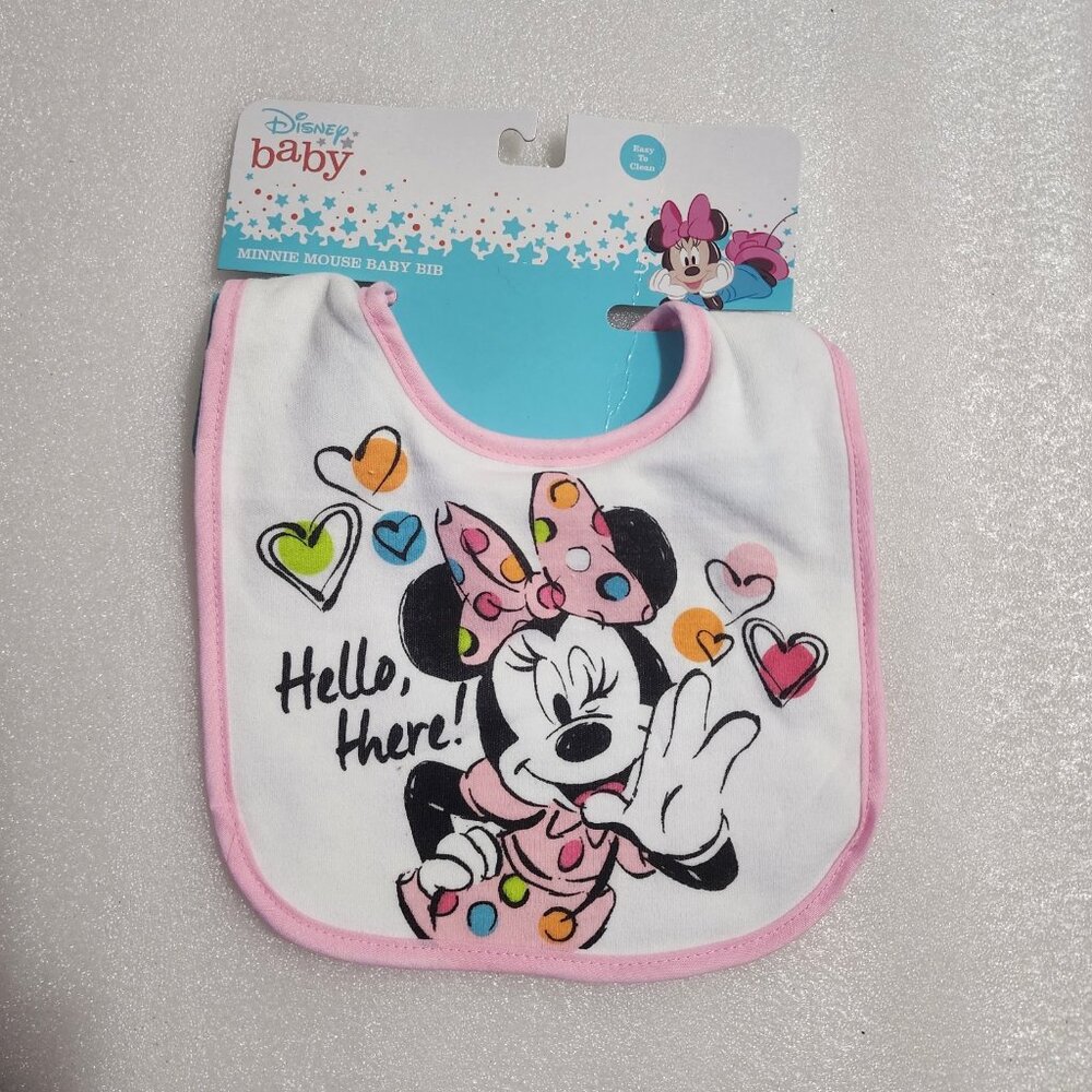 Disney Baby Minnie Mouse Bib Hello There‎ Hearts Winking Pink White New